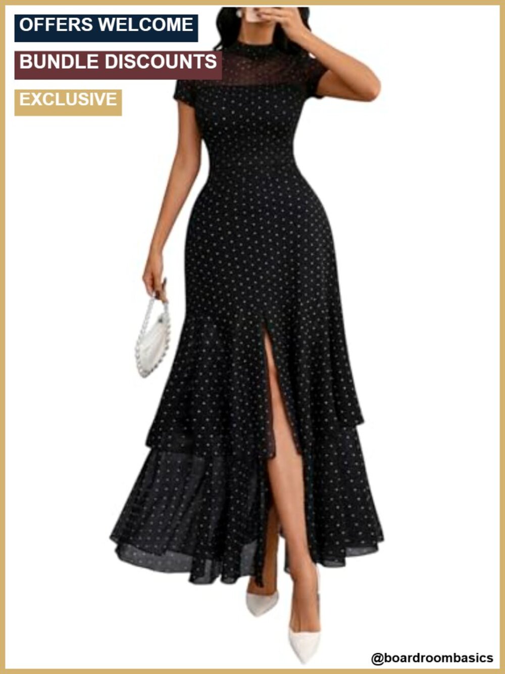 Mesh Ruffle Polka Dot A-Line Maxi Dress Mock Neck Short Sleeve